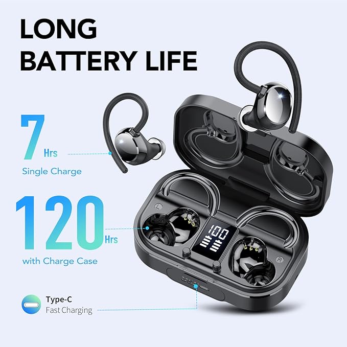 KT1 Bluetooth Headphones Wireless Earbuds 120hrs Playtime Wireless Charging Case Digital Display, Ear Buds with Earhook,IPX7 Waterproof, Deep Bass 2.0,Over-Ear Earphones for Sport Running