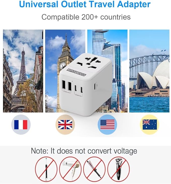 International Power Plug Adapter, Rmtbeeg Universal Travel Adapter with 3 USB-C and 2 USB-A Ports, All-in-One Worldwide Wall Charger for Europe UK EU AUS (Type C/G/A/I), Plug Adaptor Travel