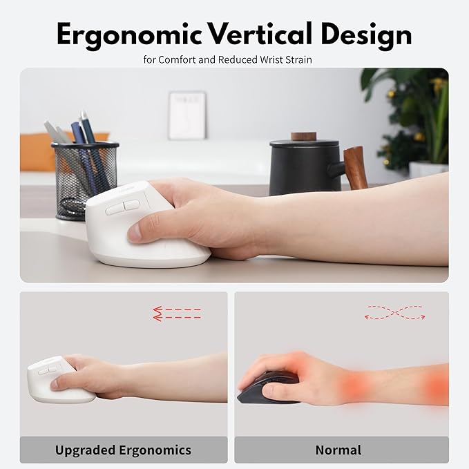 Uineer Vertical Mouse Wireless, 2.4G Rechargeable Mouse with Battery Indicator,4 Level DPI,Ergonomic Design for Comfort and Reduced Wrist Strain, Ideal for Home,Office Use (White)