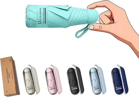 BAODINI Travel Essentials Mini Umbrella for Purse With Case Small Compact UV Sun Protection Lightweight Tiny Pocket Manual Open Close Umbrella for Women Kids and Men Fit Purse Backpack