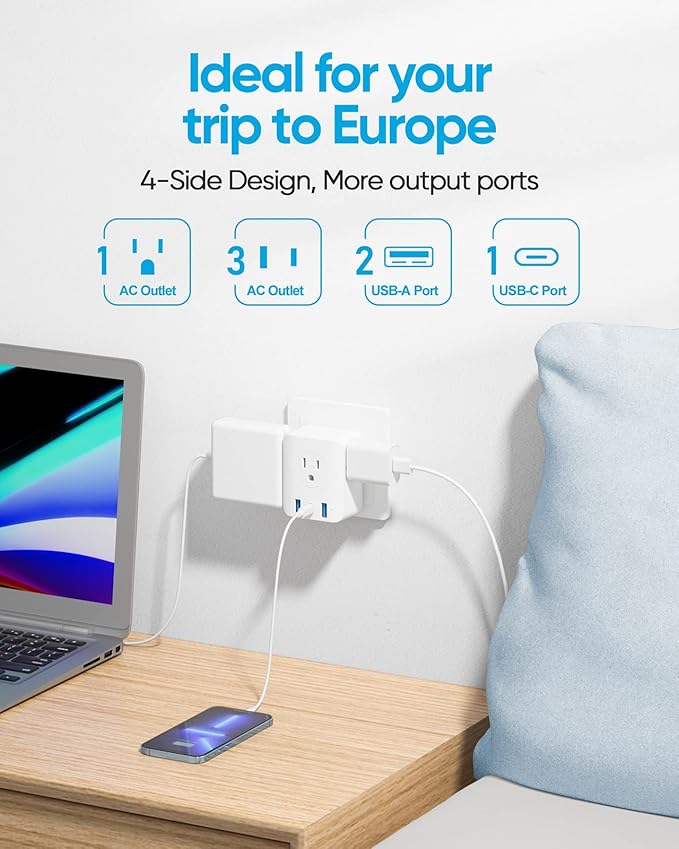 2 Pack Foldable European Travel Plug Adapter, kakyanill 7-in-1 European Plug Adapter with 4 Outlets 3 USB Charging Ports, Type C Plug from US to Most of Europe Spain Italy Germany France