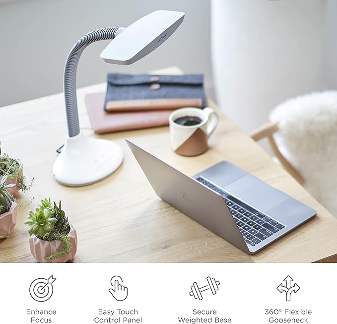 Verilux SmartLight Full Spectrum LED Desk Lamp with Adjustable Brightness, Flexible Gooseneck and Integrated USB Charging Port - Reduces Eye Strain and Fatigue - Ideal for Readers, Artists, Crafters