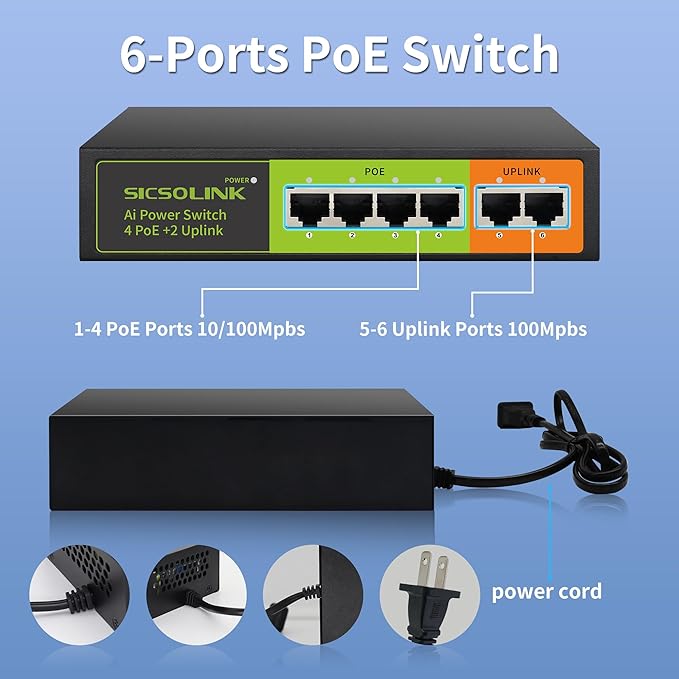 6 Ports PoE+ Switch, 4 PoE+ Ports, 2 Uplink, IEEE 802.3af/at, Total 65W, 100Mbps, Unmanaged, Metal case, Suitable for IP Cameras,Networking Devices & Home Office.