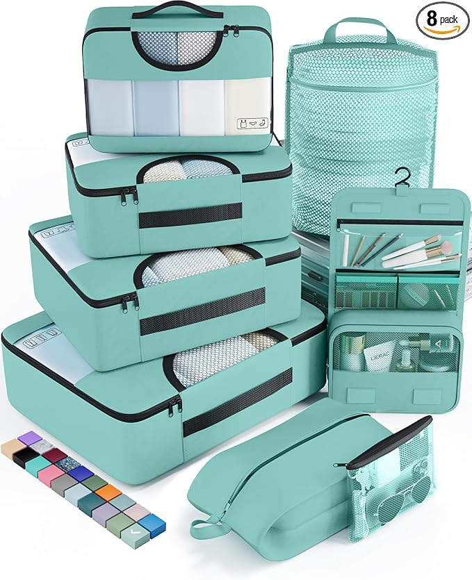 Veken 8 Set Packing Cubes for Travel Essentials, Suitcase Organizer Bags in 4 Sizes, Carry-On Luggage Accessories with Large Laundry & Hanging Toiletry Bag, Must-Have for Airplane, Road Trip & Camping