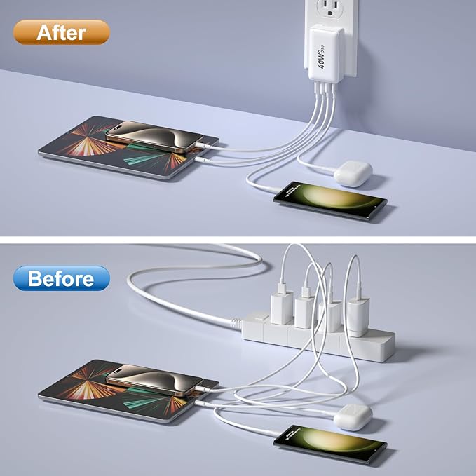 USB C Charger Block, Excgood 40W 4-Port Flat USB Wall Charger Adapter Multiport Dual PD+QC Foldable Slim Fast Charging Plug Compatible for iPhone 16 15 Pro Max 14 13 iPad Watch Galaxy S23,2Pack White