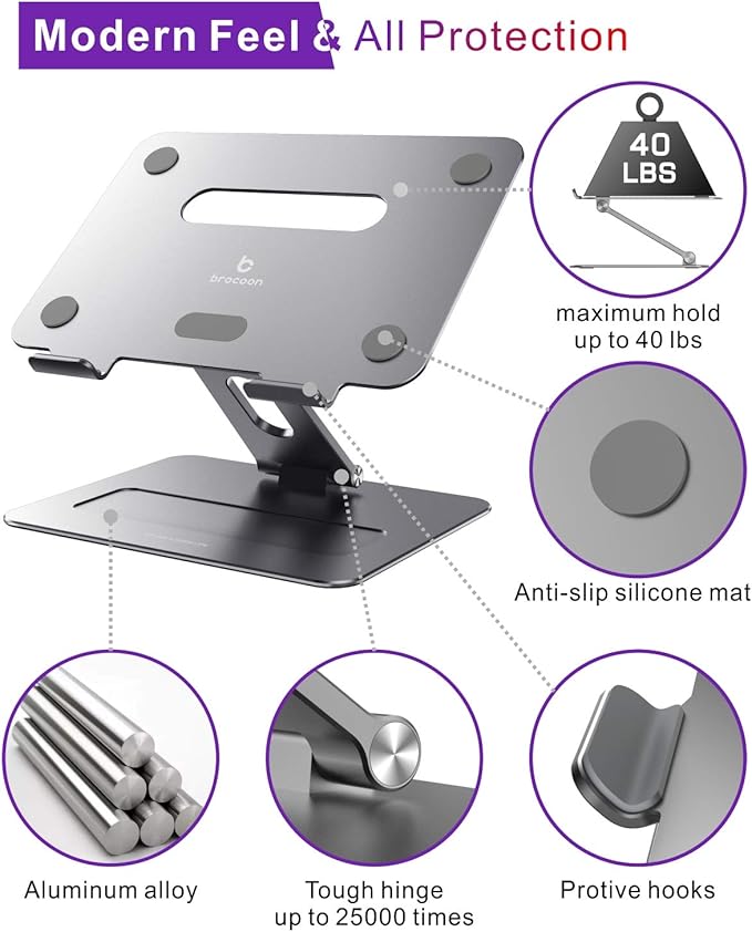 Adjustable MacBook Stand for Desk | Ergonomic Aluminum Laptop Riser with Heat-Vent, Compatible for 10-17" Laptops, Space Grey
