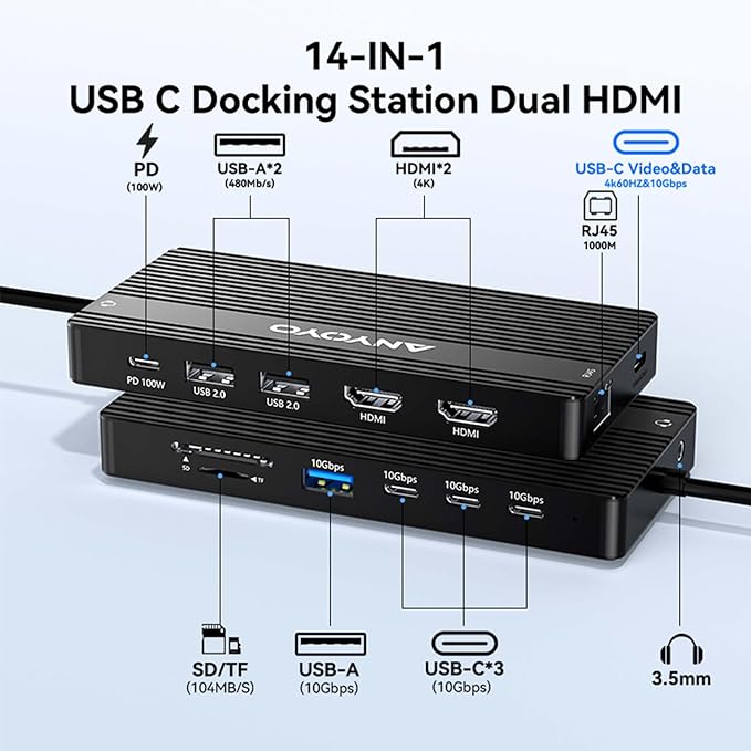 ANYOYO USB C Docking Station Dual Monitor 14-in-1 Docking Station 3 Monitor(2 HDMI+ Video Out) 10Gbps (4*USB-C+1A) +PD100W+Ethernet+SD/TF Laptop Dock Multiport Adapter for Dell/HP/Lenovo/Thinkpad