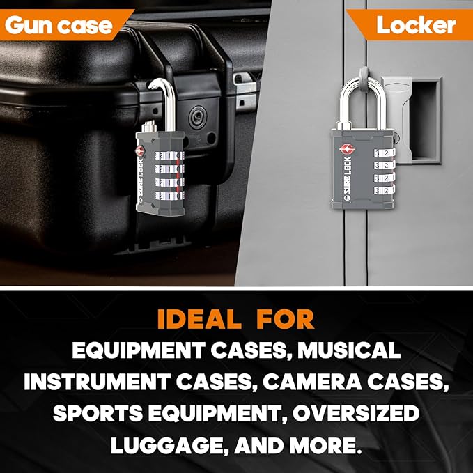 SURE LOCK TSA Accepted 4 Dig Heavy Duty Big Combination Luggage Padlock All Metal Travel Lock for Equipment Hard Case Luggage Gun Case Gym Locker Pelican Vault Lock (1, Grey)