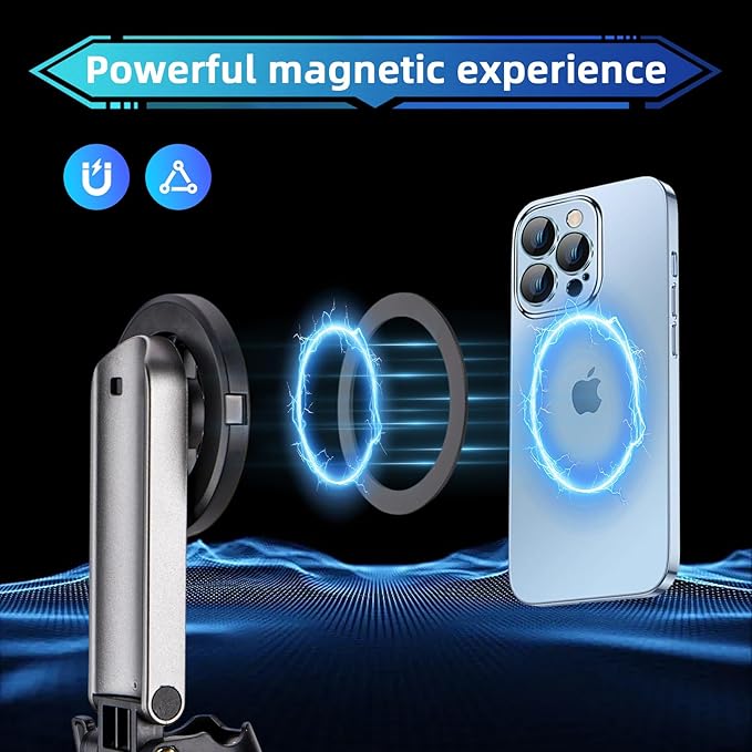 MQOUNY for Magsafe Tripod Stand for iPhone,Portable Pocket Size Selfie Stick with Rechargeable Remote and Metal Ring,Extendable Detachable Cell Phone Tripod Compatible with iPhone/Android