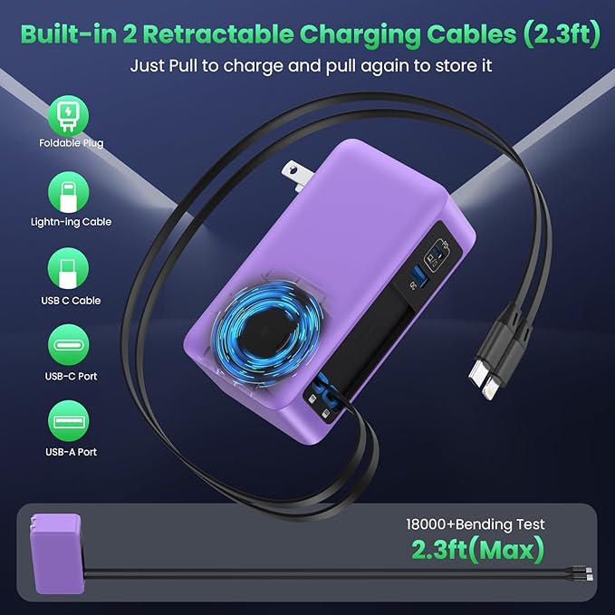 120W USB C Charger Block with 2 Built-in Retractable Cables,4-in-1 GaN IV Foldable Plug Wall Charger Fast Charging Station,PD 65W Laptop Adapter for Macbook/iPad,iPhone 16/15,Galaxy S24,Android-Purple