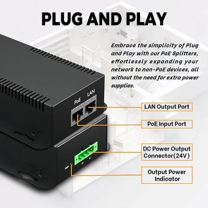 PROCET Gigabit PoE Splitter 12V/5.95A, IEEE802.3af/at/bt Compliant 10/100/1000Mbps Ethernet Splitter for 71.4W Non-PoE PDs, High Power Communication Station/Wireless APs/, PT-PD208GBH-12