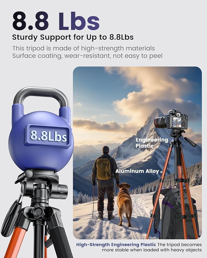 CAMBOFOTO 74"-Camera-Tripod, Professional Aluminum Heavy Duty Tripod Stand for Mirrorless Camera/DSLR/Cell Phone/Camcorder, with Holder and Travel Bag (Orange)