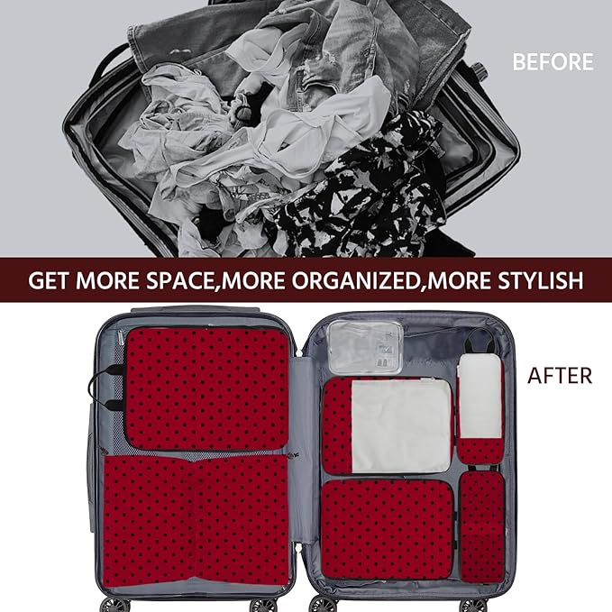 7 Pcs Compression Packing Cubes for Travel, Waterproof Suitcase Luggage Backpack Organizer with Toiletry Bag Travel Essentials for Women/Men-Polka Dots