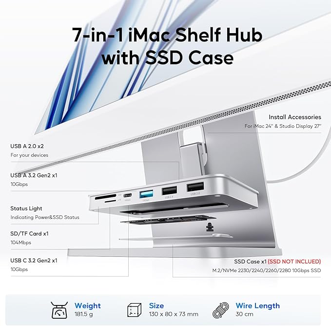 iMac Accessories for iMac24 inch 2021/2023/2024, PULWTOP iMac Hub with M.2 NVMe SSD Enclosure, i-Mac USB C Hub USB A/C 10Gbps, SD/TF, i-Mac USB Adapter for iMac24 M1/M3/M4 or Studio Display 27 inch