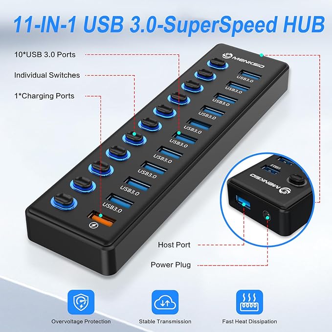 Powered USB Hub, MENKSID 11-Port USB Hub, 10 USB 3.0 Data Transfer Ports + 1 Smart Charging Port, Independent Switch (with LED Power Indicator), USB 3.0 Hub Powered with Power Adapter for Mac, PC