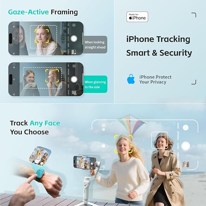 COMITOK Only for iPhone, MOGO [Apple MFi Certified] Gimbal Stabilizer for iPhone with Phone Clip & RGB Light, Support Selecting Tracking Target on Apple Watch & iOS26 Cameras for iPhone 16 15 Pro Max