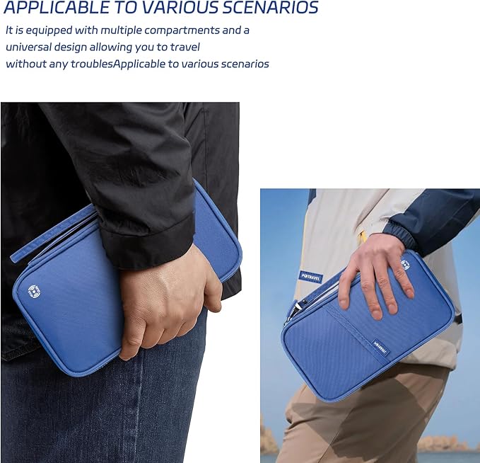 Travel Passport Holder, Large Family Passport Walle for Men Women RFID Passport Cover Lightweight Portable Document Organizer with Wrist Strap (Blue)