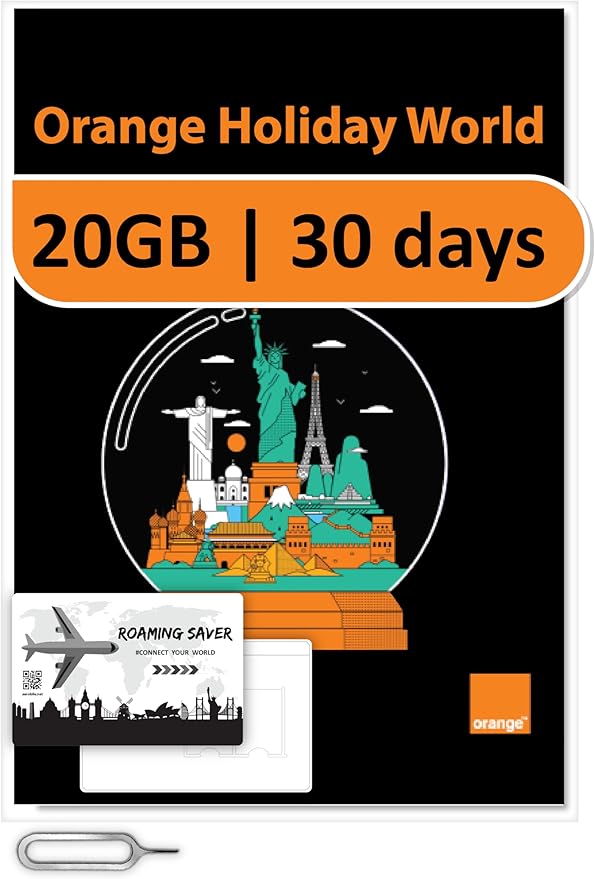 Orange Holiday Worldwide Prepaid SIM Card 20GB Internet Data for 30 Days in 4G/LTE | Data tethering Allowed | Calls & SMS | 1 Sim Card Holder + 1 Pin (International sim, Asia America Europe)