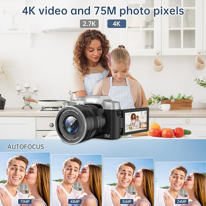 Camera for Photography, 10X Optical Zoom 4K Digital Camera, 75MP Vlogging Cameras for YouTube, WiFi Autofocus 3" 180° Flip Screen with 32GB Card, Tripod, 2 Batteries & Battery Charger, Black