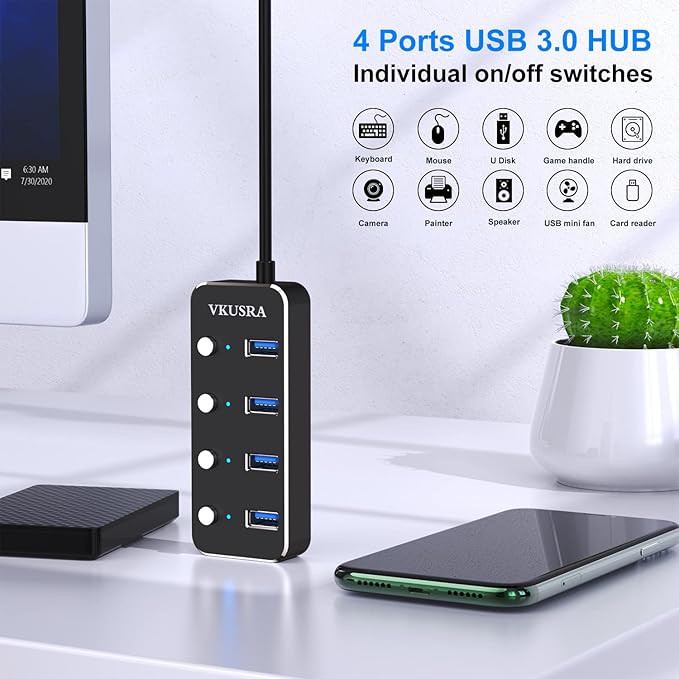 USB Hub,VKUSRA 4 Port USB 3.0 Hub Splitter with 4ft USB Long Cable and Individual LED On/Off Switch,USB Port Expander for Laptop PC