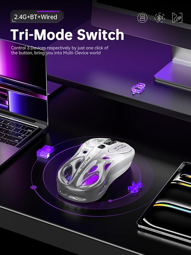 Wireless Gaming Mouse, Tri-Mode 2.4G/USB-C/Bluetooth Mouse, 800-4800 DPI, Ergonomic Optical Mouse Gamer, RGB & 6 Programmable Buttons, 65g, Rechargeable, for PC/Mac/Laptop