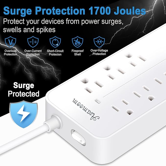 15FT Surge Protector Power Strip Extension Cord with USB C, Flat Plug Power Strip with Long Cord,8 Outlets and 4 USB Port,1700J Wall Mount Desk Multiple Outlets for Home Office White ETL Listed ﻿