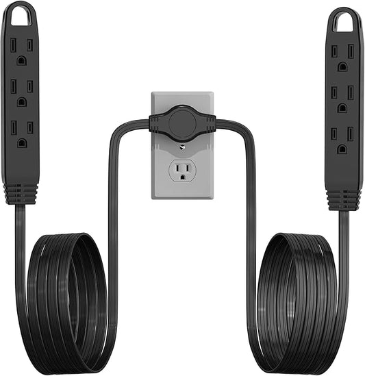 3-Prong 12FT Twin Extension Cord with 6 Outlets and Safety Covers - Slim Design for Furniture, 12FT Double Cord 6 FT Each Side in Black Color