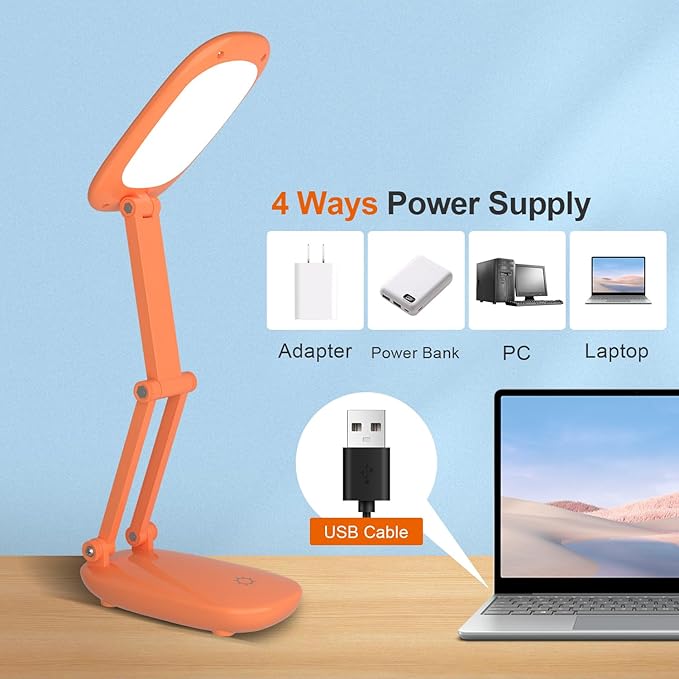 LED Desk Lamp for Office Home & Battery Operated Lamp Rechargeable Lamp Foldable & Portable Light, [2-Fold Bracket] 3 Brightness Dimmable Small Desk Lamp Wireless Reading Lamp (Orange)
