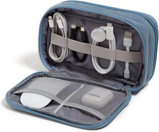 U Brands Dual Zip Corduroy Travel Electronics Organizer, Tech Carry Case, Portable Travel Bag, Cord Storage, 8" x 5.25" x 2.5", Haze Blue
