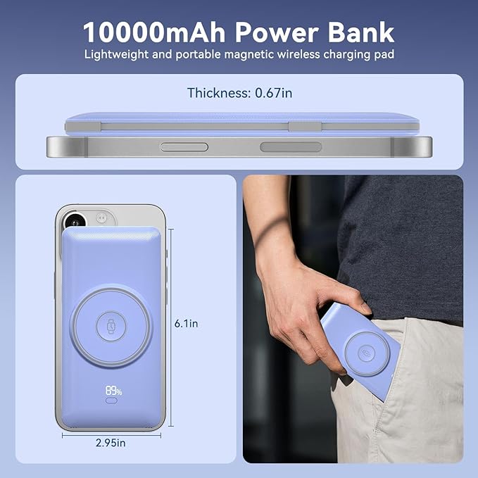Magnetic 10000mAh Portable Charger for iWatch & iPhone, 22.5W USB C Fast Charging Wireless Power Bank Built-in Cables and Wall Plug, External Travel Battery Pack Compatible with iOS Android Devices