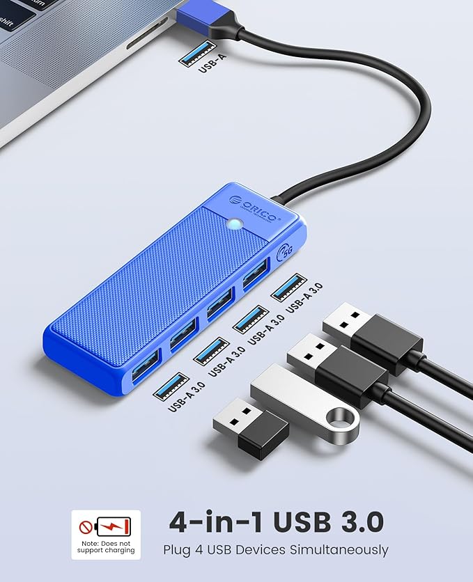 USB 3.0 Hub, ORICO 4-Port USB Hub, Ultra Slim USB Splitter for Laptop for MacBook, Mac Pro, iMac, Surface Pro, XPS, PS5, PC, Flash Drive, Mobile HDD(Blue/0.5ft)