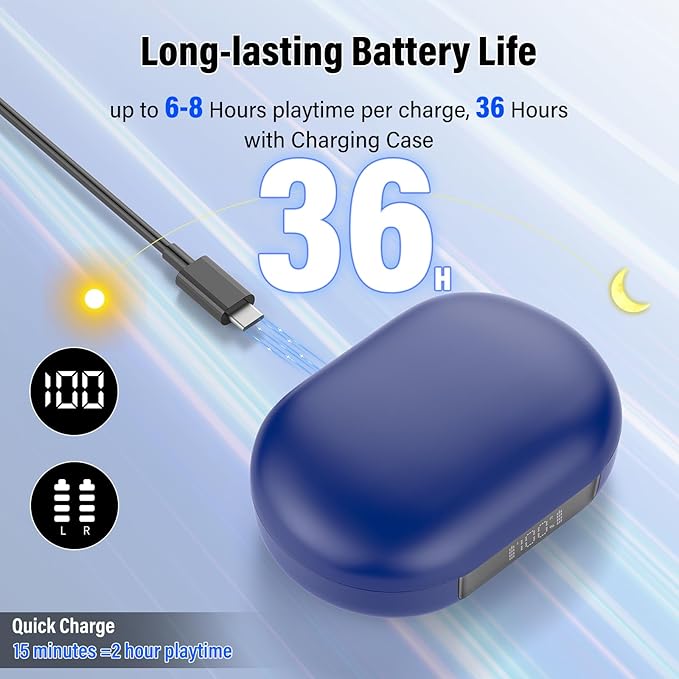 Open Ear Headphones, Bluetooth 5.4 Earphones 36H Playtime Air Conduction Headphones with Mic, Adjustable Earhook Earbuds with ENC Clear Calls/LED Display, IPX7 Waterproof Open Ear Earbuds, Blue