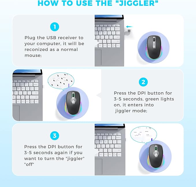 PEIOUS Wireless Mouse Jiggler - LED Wireless Mice with Build-in Mouse Mover, Rechargeable Moving Mouse for Laptop with Undetectable Random Movement Keeps Computers Awake - Black & Grey