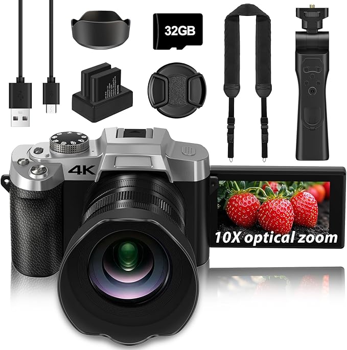 Camera for Photography, 10X Optical Zoom 4K Digital Camera, 75MP Vlogging Cameras for YouTube, WiFi Autofocus 3" 180° Flip Screen with 32GB Card, Tripod, 2 Batteries & Battery Charger, Black
