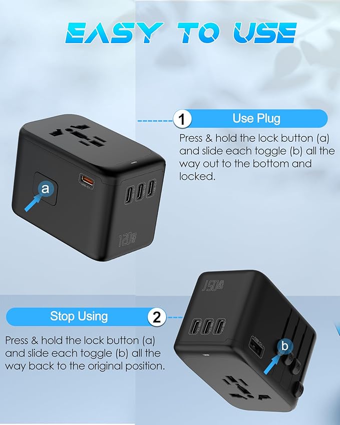 Universal Travel Adapter, 120W GaN International Power Plug Adapter, 5 USB Ports and 1 AC Outlet, All-in-One Travel Charger for 200+Countries, Fast Charging All USB & Dual Voltage Devices