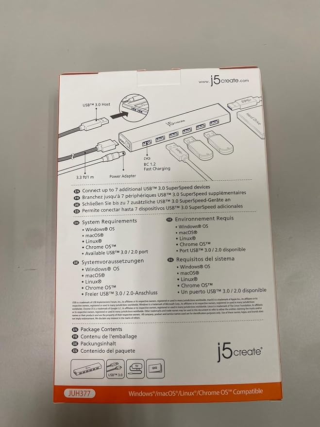 j5create 7-Port Powered USB 3.0 Data Hub with 3.3 ft Extended Cable [20W Power Adapter Included] for Mac, MacBook, Windows, Laptop, Surface, XPS, PC (JUH377)