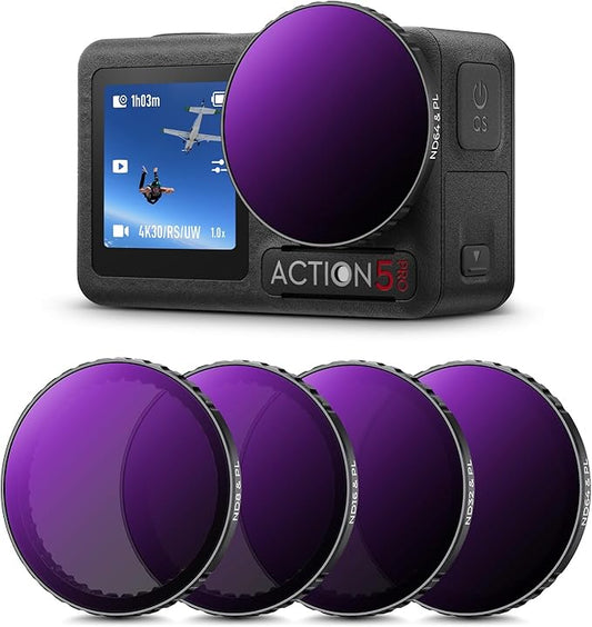 K&F Concept 4 Pack Push-in Fit ND/PL Filter Kit Compatible with DJI Osmo Action 3/4/5 Pro, ND8/PL ND16/PL ND32/PL ND64/PL Neutral Density Polarizing Reduce Glare and Light Control Filters