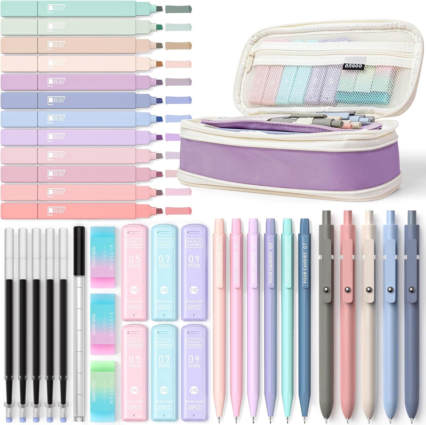 Four Candies 39 PCS Aesthetic School Supplies with Cute Pen Case, 12 Pastel Highlighters, 5 Black Ink Gel Pens, 6 Mechanical Pencils Set 0.5 & 0.7mm for Students Stationary College Essentials (Purple)