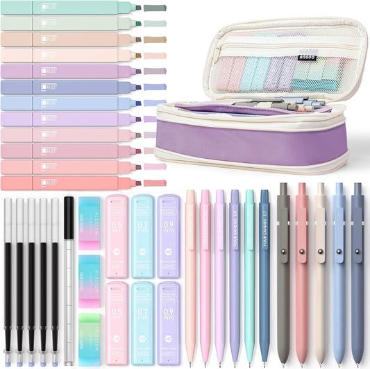 Four Candies 39 PCS Aesthetic School Supplies with Cute Pen Case, 12 Pastel Highlighters, 5 Black Ink Gel Pens, 6 Mechanical Pencils Set 0.5 & 0.7mm for Students Stationary College Essentials (Purple)