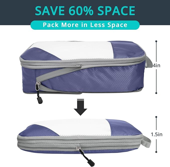 Compression Packing Cubes 3 Set, Compressible Space-Saving Packing Cubes for Travel - Compression Bags, Luggage Organizer, Travel Essentials for Women, Bluish Purple