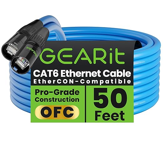 GEARit Shielded CAT6 Ethercon Cable (50 Feet) Professional Audio & Lighting RJ45 EtherCON-Compatible Cable for Studio, Stage, Concerts - 50ft Blue