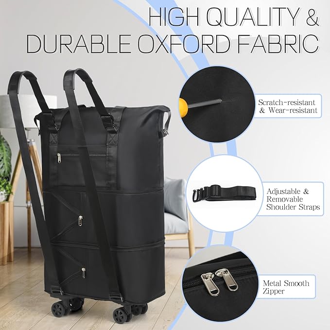 VOOWO Duffel Bag with Wheels - Rolling Foldable Expandable Duffle Bag with Wheels for Travel, Rolling Luggage Bag Carry On Travel Bag with Wheels, Large Wheeled Overnight Weekender Bag (Black)