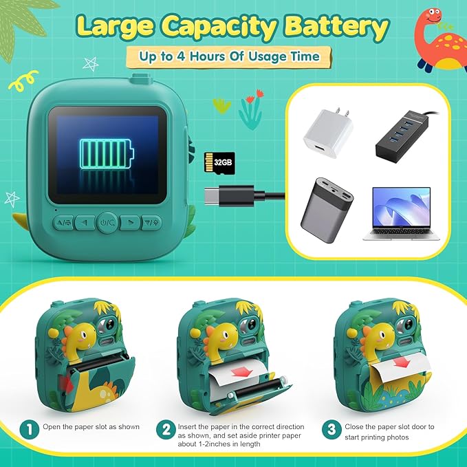 Kids Camera Instant Print, CAMCLID 2.4 Inch Screen Camera for Kids Dinosaur Children Digital Camera with 32GB Card & 3 Rolls Paper, Christmas Birthday Gift Toys for Boys Girls 3-12 Age (Green)