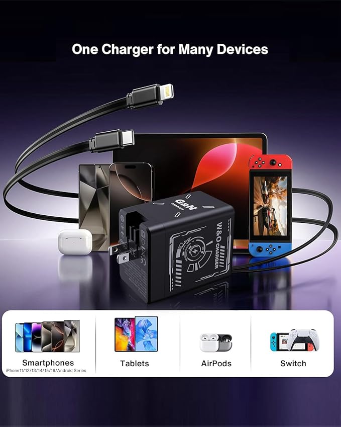 W & O 45W GaN Charger Fast Charger,Retractable Phone Charger Wall Plug with Lightening and Type-C Cables,for iPhone16/15/14/13/12/11 Series, Galaxy S25/24,Android and More（Black）