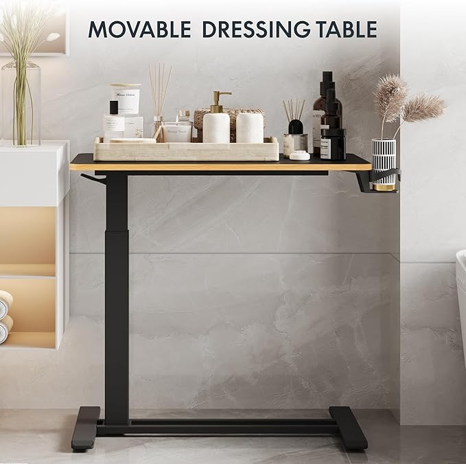 FLEXISPOT H7 Adjustable Overbed Bedside Table with Wheels Pneumatic Mobile Standing Desk Laptop Desk Rolling Computer Cart Movable Overbed Table Hospital Home Use(31.5" W x 17.7" D, Black Maple Large)