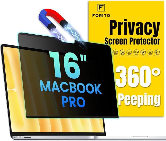 F FORITO Magnetic Privacy Screen Protector Compatible with MacBook Pro 16 inch (2021-2024, M1, M2, M3, M4 Pro/Max), Removable 360° Anti Peeping Anti Blue Light Anti Glare Laptop Privacy Shield
