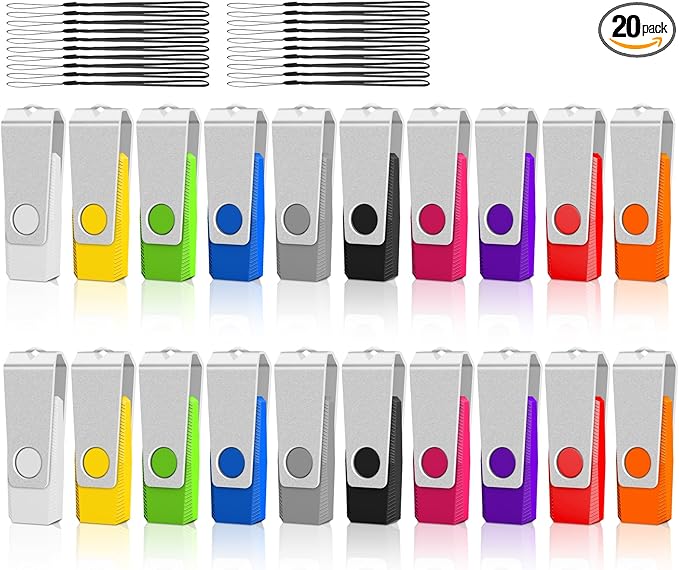 USB Flash Drive 2GB Flash Drives 20 Pack, AGECASH USB 2.0 Thumb Drive 20 Pack Swivel Pendrive Memory Stick Zip Jump Drives Multipack with 20PCS Black Lanyards (Colorful, 2GB)