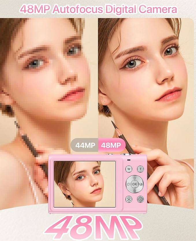 Digital Camera, 4K Vlogging Camera for YouTube Autofocus Cameras for Photography with 16X Digital Zoom, 48MP Compact Point and Shoot Digital Camera for Teens Adult with 32GB SD Card, 2 Batteries-Pink
