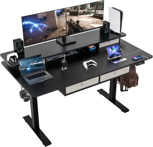 Electric Standing Widened Desk 63 * 30 Inches Adjustable Height with 4 Drawers, Double Storage Shelves Stand Up Desk, Home Office Workstation Sit Stand up Desk (Classical Black)