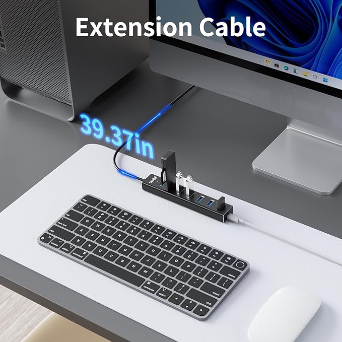 atolla Aluminum 7-Port USB 3.0 Hub with 1m Extension Cable - 5Gbps High-Speed Data Transfer for MacBook Pro, Laptop, PC, Gaming Setup